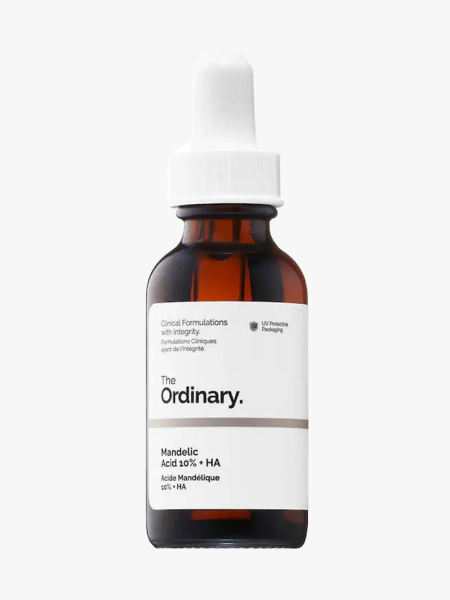 The Ordinary Mandelic Acid 10% + Hyaluronic Acid in branded dropper component on a light gray background